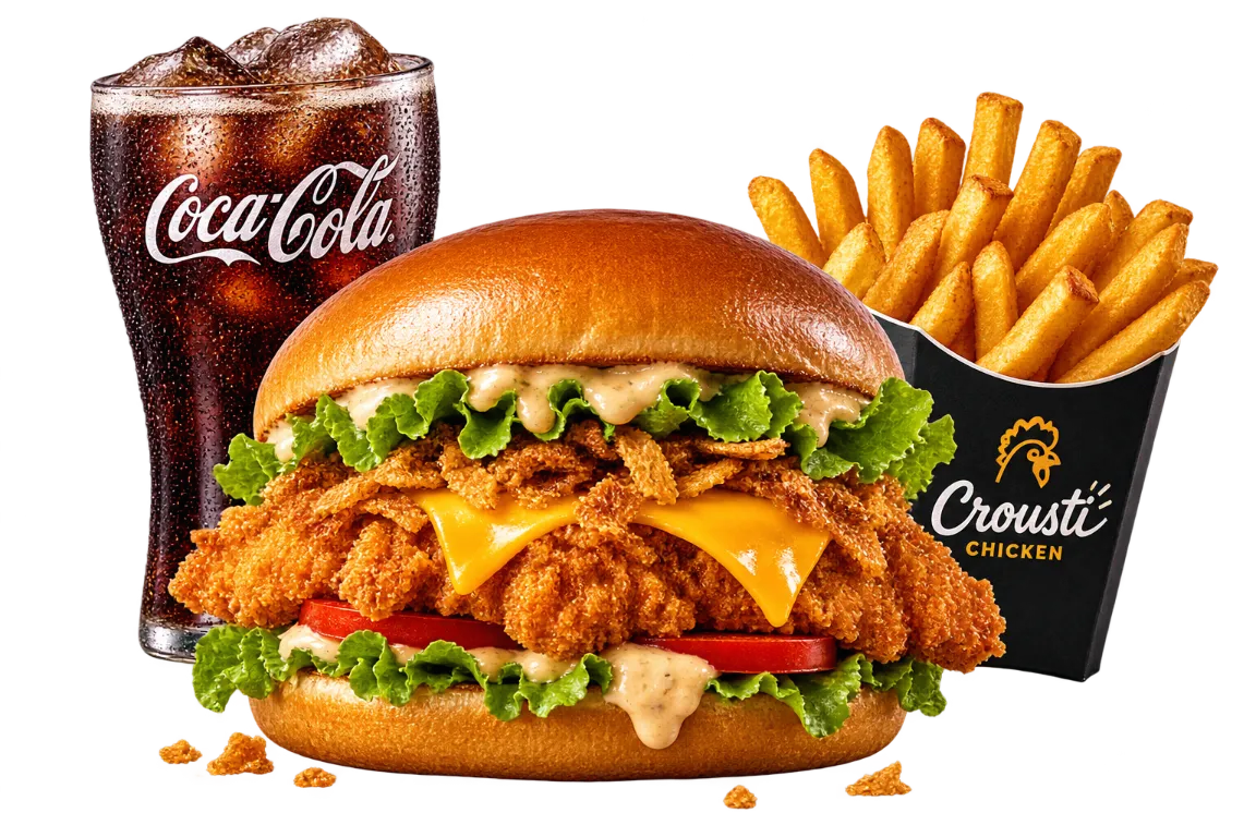 Menu poulet croustillant : burger poulet croustillant, frites et boisson